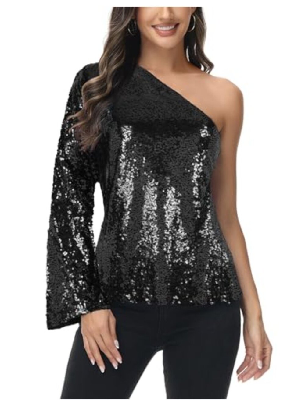 One Shoulder Sequin Top Long Sleeve Party Blouse
